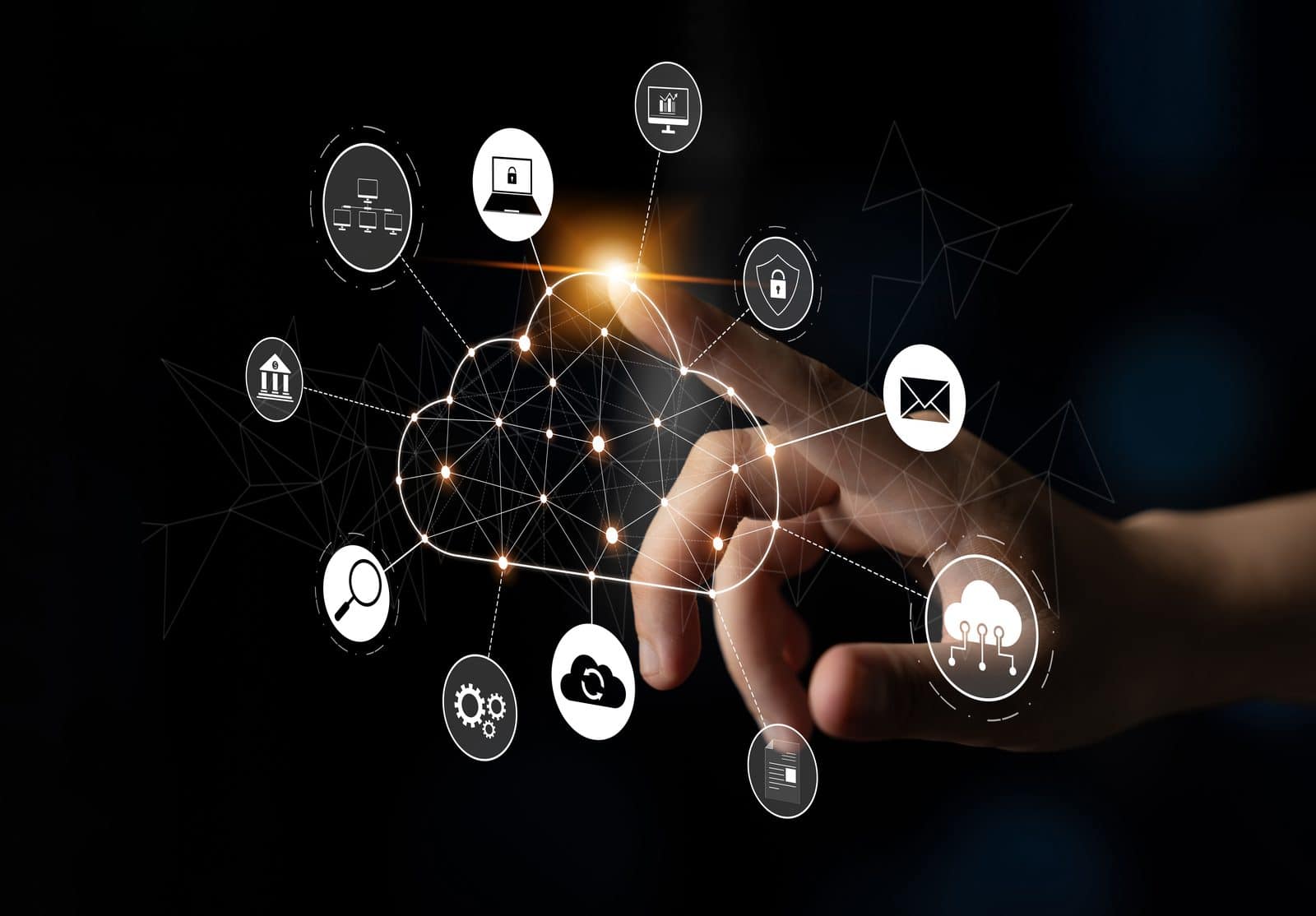 Hand touching a glowing cloud network linked to device, security and data icons